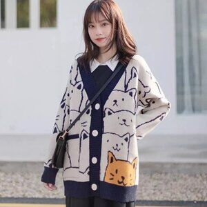 Japanese Kawaii‎ Cartoon V Neck Cozy Cardigan Cute Kitty Cat Knit Sweater Medium